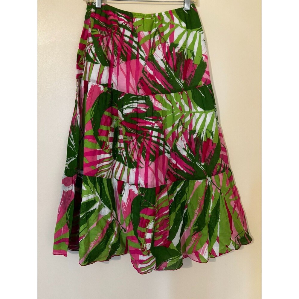 Ruby Rd Skirt Womens 6 Maxi Floral Pink Green Crinkle Tiered Flowy Cocoa Beach - Picture 2 of 13
